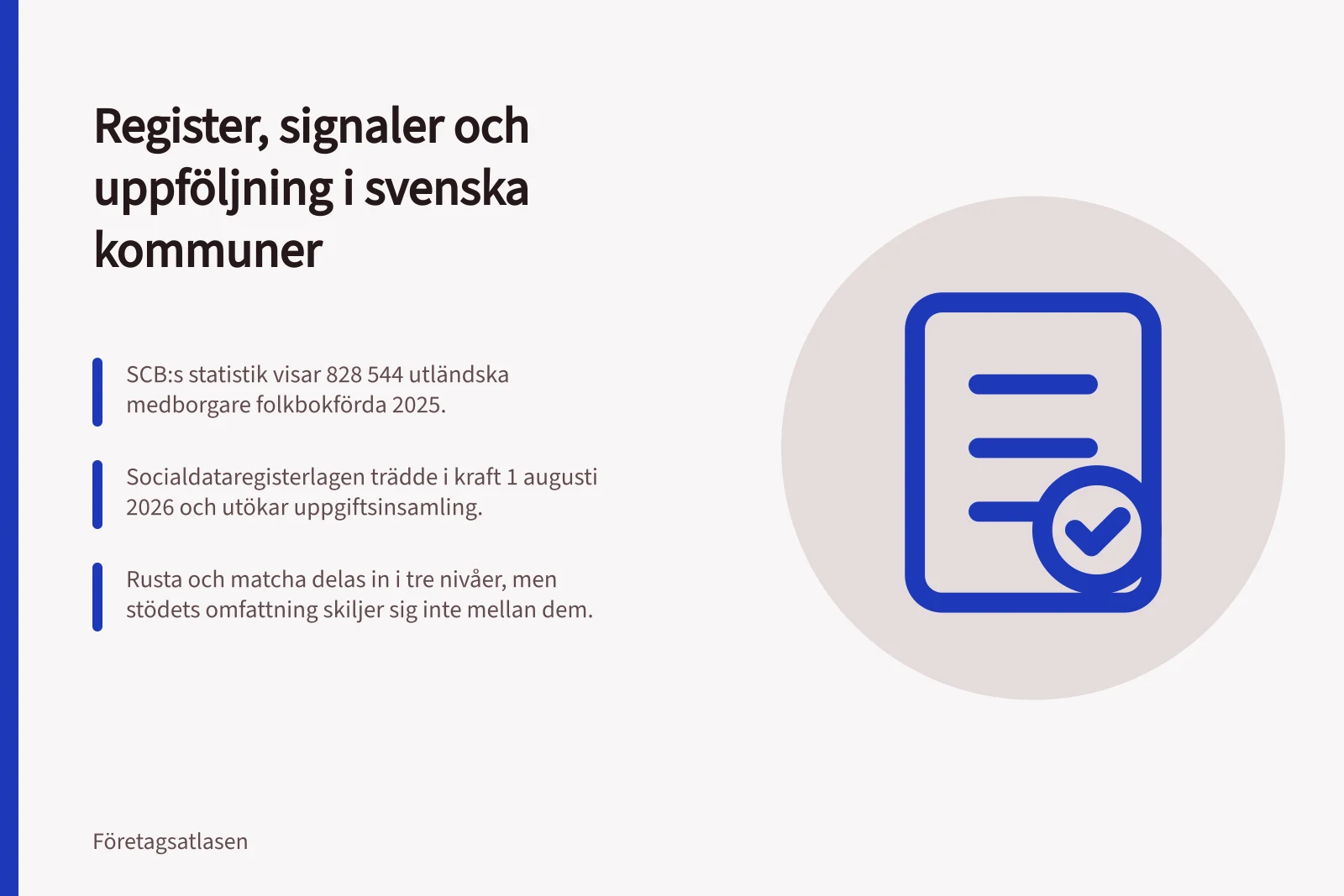 Register, signaler och uppföljning i svenska kommuner: SCB:s statistik visar 828 544 utländska medborgare folkbokförda 2025.; Socialdataregisterlagen trädde i kraft 1 augusti 2026 och utökar uppgiftsinsamling.; Rusta och matcha delas in i tre nivåer, men stödets omfattning skiljer sig inte mellan dem.